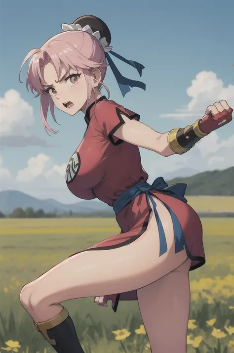 masterpiece, best quality,  martialMaam, hair bun, short hair, china dress, short sleeves, sash, fingerless gloves, furrowed brow, open mouth, fighting stance, from side, looking at viewer, big breasts:1.6, blue sky, field, standing on one leg