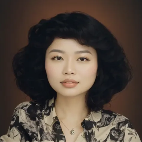 portrait of Indonesian woman with wavy curly hair, 90s style, wearing a black patterned shirt, wearing a pendant necklace, abstract background