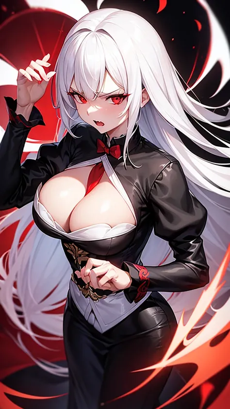 An adult woman, kitsune, white hair, red eyes, wide breasts, very angry, standing, in a black dress