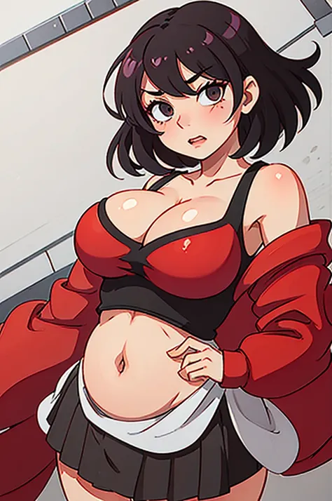 a cartoon of a woman, thick, (sfw) In a room, she has a round and fat belly, with big breasts, thick build, Oppai proportions, , sona is slim, oc commission, Oppai, breasts big!!, breasts big! huge boobies, muscular and strong body, Black and white clothin...