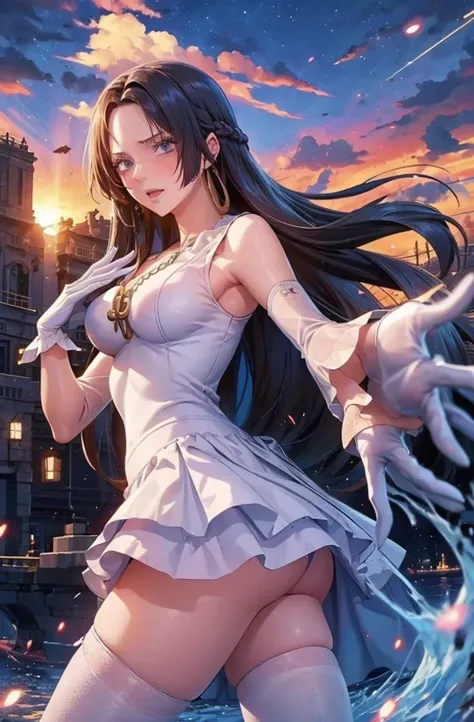 ((best quality)), ((masterpiece)), ((1girl)), solo, Ferry, ((long hair)), FerryBase, ((thighhighs)), bare shoulders, ((jewelry)), ((sleeveless)), white dress, blue skirt, ((gloves)), thigh-high, from behind.