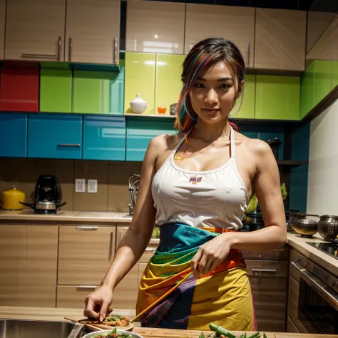 [[((a vibrant, colorful Asian dish prepared in a stylish, modern kitchen:1.6)), placed in the center of the shot, with an attractive young Asian woman cooking in the background. She is dressed in fashionable, practical cooking attire that complements her v...