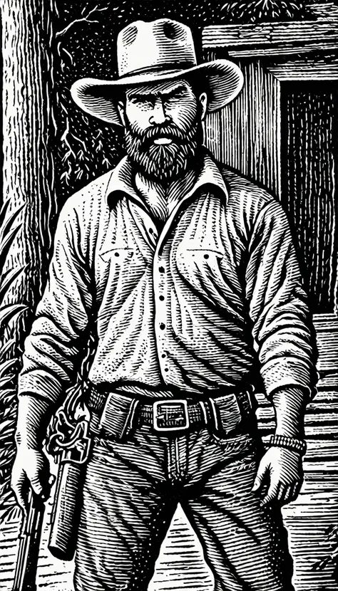 (Black and white woodcut:1.5)、(Second floor in black and white.)、foreground, dark and sinister atmosphere、face of a bearded man, with a texan hat, with an open shirt, wearing a necklace with fangs, with a shotgun in hand and black jeans, angry look, hidden...