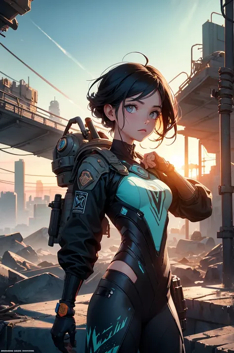 atmosfera black the noite chuvoso sombria in anime 4D tinta óleo A post-apocalyptic Fallout-themed magazine cover illustration power fenix girl logan + Elza frozen ice power immersed in the resplendence of the setting sun, in surreal Ghibli-style watercolo...