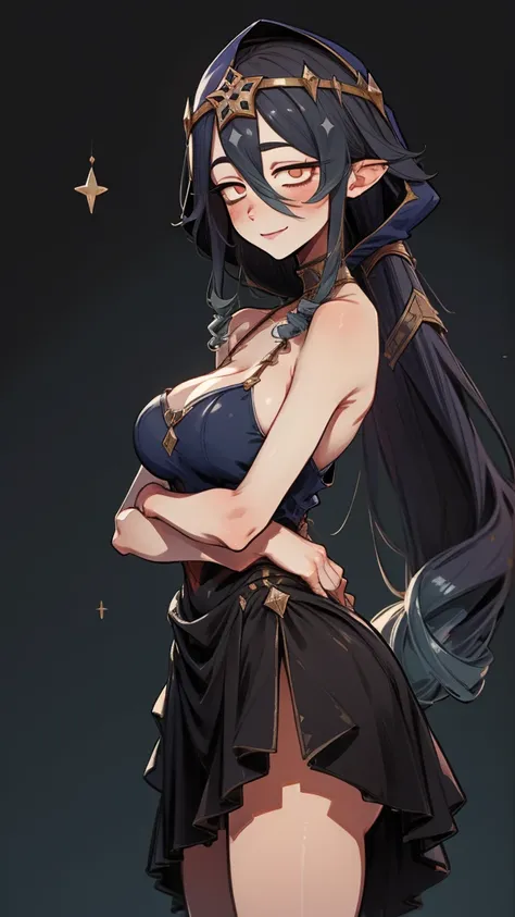 masterpiece, ultra detail, high quality, 8k KG, huge breasts, Leiladef, night, blush, smile, Bright eyes, standing, (Eyes shine:1.5), detailed upper body, crossed arms, ass