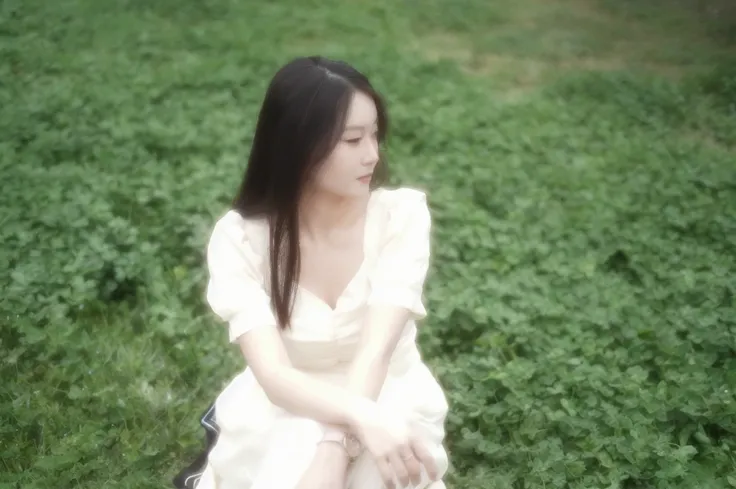 Sitting on the grass, Cai Zhiyun, lu ji, Medium Format. Soft Light, Inspired by Yin Dourui, A young Asian woman, A beautiful woman in white, Photos taken with Canon 5d, Shot with Canon EOS 5D, nico wearing a white dress, beautiful girl, Xue Han, Single ima...