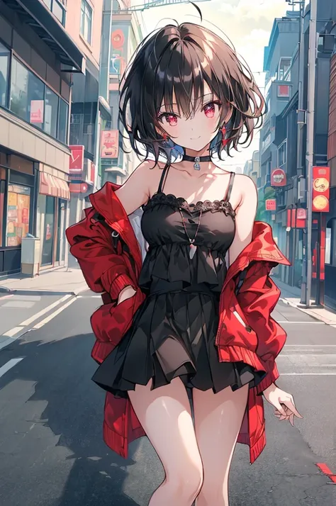 (masterpiece, highest quality, highest quality, (No text), Beautiful and aesthetic:1.2),No text,アニメ、BREAK,One Girl，Black Hair Girl　short hair　older sister　choker　Tree Eyes　Beautiful eyes　Red eyes　cool　smile　Red and Black　Black jacket　mini skirt　whole body　...