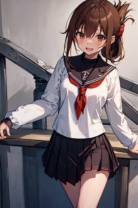 Highest quality, Tabletop, High resolution, 一人in, {inazuma_Fleet Collection:1.15}, brown_hair, Folded_ponytail, brown_eye, Seraphim, length_hair, red面, Open_mouth, smile, One Girl, anchor_symbol, black_skirt, length_sleeve, look up_in_Audience, neckerchief...