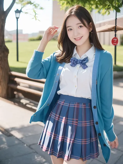 (1 girl), Young faceอินโดนีเซีย, 12 years,smile, white skin, Round breast, blue eyes,((Female high school student uniform、cardigan、Very short plaid skirt、))Masterpiece, Highest quality, 8K, beautiful girl, Young face、 photography, Cute face, thigh,embarras...