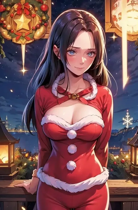 masterpiece, best quality, ultra-detailed, illustration,1girl, looking at viewer, best quality,depth of field,(closed mouth,light smile,blue eyes:1.1),beautiful detailed glow , (santa costume:1.3),(hands behind back:1.3),(arms behind back:1.3),blaze (arkni...