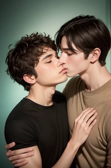 Create a romantic illustration of two young people kissing in love. The young man on the left must have dark brown hair, short and messy, wearing a black short sleeve t-shirt. He must have his hand on the back of the young man on the right. The young man o...