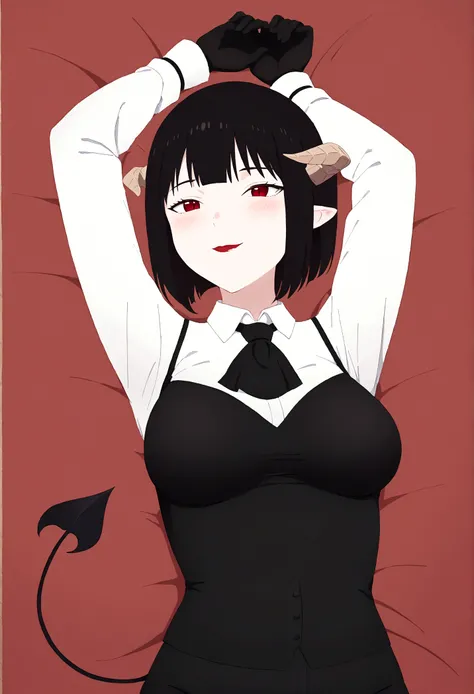 work of art, best qualityer, high resolution, 1girl horns short hair demon tail, white shirt black ascot black gloves black pants black vest lying on your back, sheet, arms up,blushed,face red,body detailed,skin-tight outfit,red bed,ssmile
