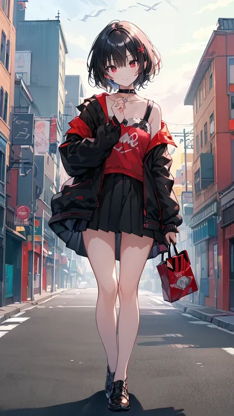 (masterpiece, highest quality, highest quality, (No text), Beautiful and aesthetic:1.2),No text,アニメ、BREAK,One Girl，Black Hair Girl　short hair　older sister　choker　Tree Eyes　Beautiful eyes　Red eyes　cool　smile　Red and Black　Black jacket　mini skirt　whole body　...