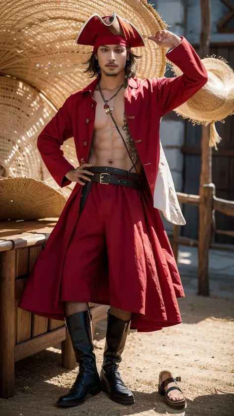 Pirate boy wearing red clothes and straw hat