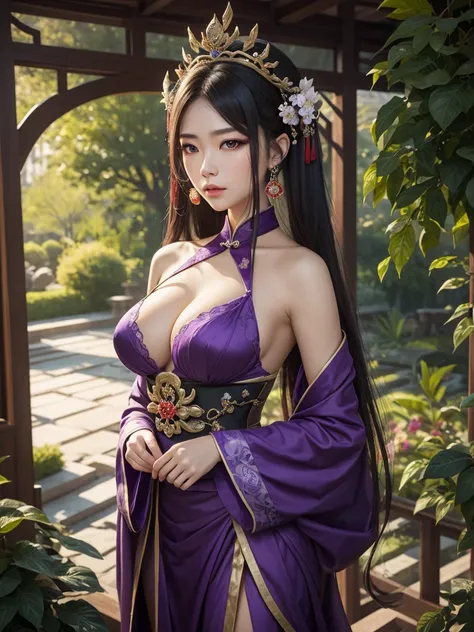 a close up of a woman in a purple outfit standing in a garden, full body xianxia, zhongli from genshin impact, inspired by Li Mei-shu, yun ling, heise jinyao, inspired by Pu Hua, a beautiful fantasy empress, keqing from genshin impact, inspired by Lan Ying...