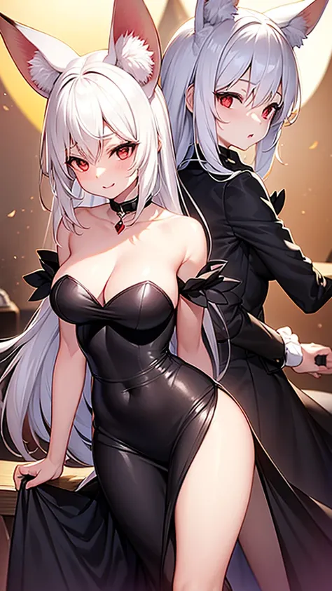 An adult woman, half fennec fox, white hair, red eyes, wide breasts, very cute, standing, in a black dress