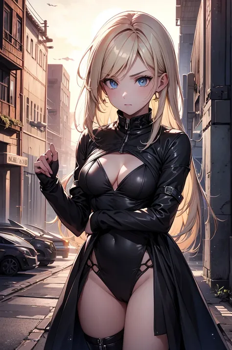 atmosfera dark black  the noite chuvoso sombria in anime 4D tinta óleo A post-apocalyptic Fallout-themed magazine cover illustration power fenix girl very sexy  blond Arlequina+ Elza frozen ice power immersed in the resplendence of the setting sun, in surr...