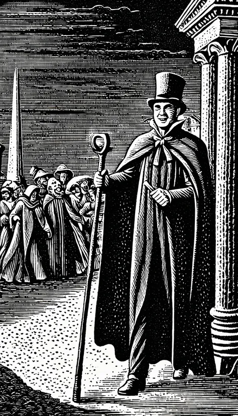 (Black and white woodcut:1.5)、(Second floor in black and white.)、foreground, dark and sinister atmosphere, face of a slim man wearing dark glasses, top-hat, and a black cape, with a black bow on the neck, smiling, holding a wooden stake and mallet, typical...