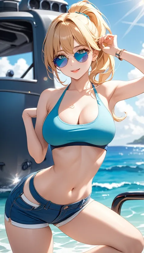 Highest quality、Best image quality、masterpiece、One Girl、26 years old、Best Bust、Big Breasts、Beautiful Eyes、Blonde, Green Eyes、ponytail、Natural smile、cowboy shot, Sexy pose, Seductive pose, crop top, hot pants, Put your sunglasses on your forehead、Ass Focus、...