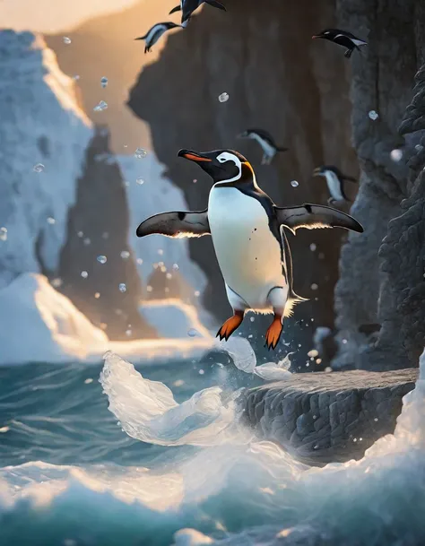 A penguin jumped off a high cliff into the sea, close-up of the moment of jumping, First Penguin.