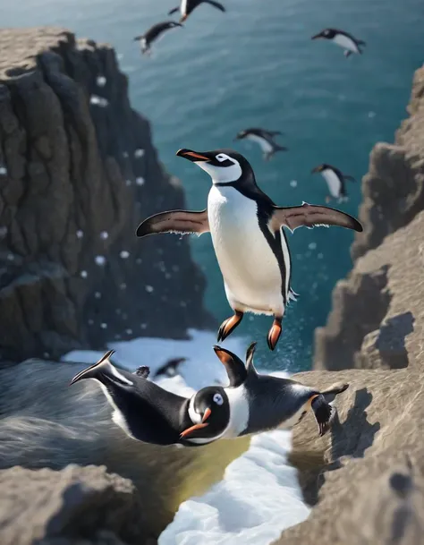 A penguin jumped off a high cliff into the sea, close-up of the moment of jumping, First Penguin.