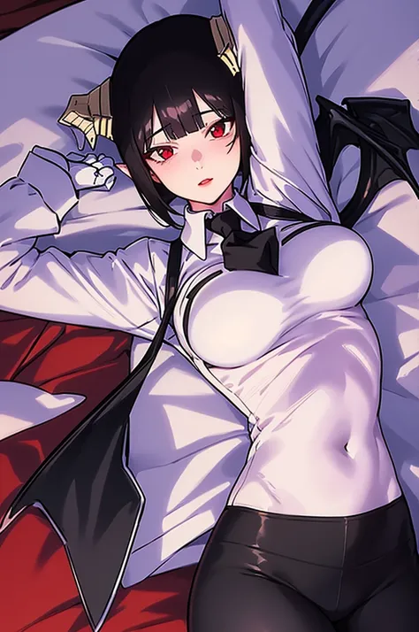 work of art, best qualityer, high resolution, 1girl horns short hair demon tail, white shirt black ascot black gloves black pants black vest lying on your back, sheet, arms up,blushed,face red,body detailed,skin-tight outfit,red bed,ssmile
