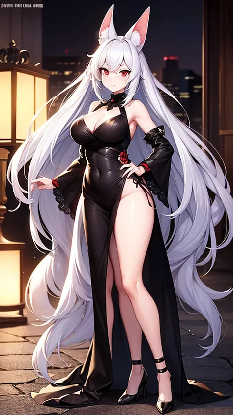 An adult woman, half fennec fox, white hair, red eyes, wide breasts, very cute, standing, in a black dress