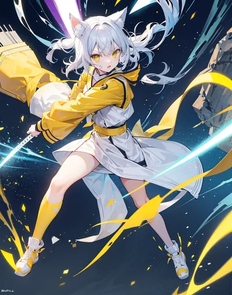 Yellow as a girl, neko ears, thunder power, Armed with a katana 