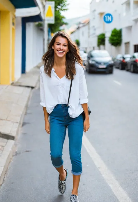 
happy girl walking down the street