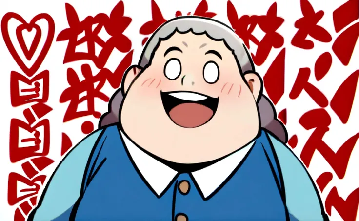 a chubby middle-aged man，gray hair，Individual，very happy and smiling with her blue blouse saying Wow.