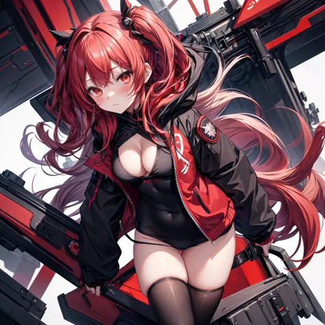 ((Highest quality)), ((masterpiece)), (detailed), an anime girl with small hips and big  in black and red, 1girl, breasts, Virtual Youtuber, underwear, hood, 独奏, panties, red hair, hooded jacket, panty pull, large breasts, blush, jacket, long hair, black p...