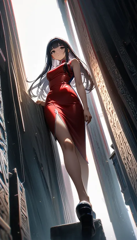 Cheongsam Girl，Long Hair，Pure white background，Depth of written boundary，Low angle view，Calf Level View，Overclocked Renderer，Cinema Lighting，Ultra-fine，Very detailed，complicated，Cinematic Perspective，CG Art，