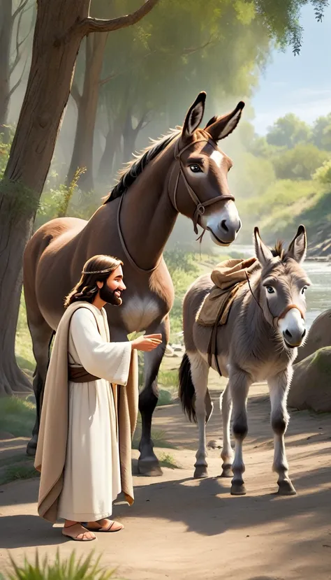 Jesus with brown robe and white sleeves, next to a donkey in the forest near the river, touching the donkeys head, pixar style, drawing ar 9:16 --s 250