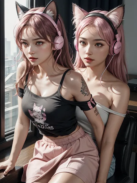 photorealistic, high resolution, soft light,1women, audult, solo, hips up, shining skin, (detailed face), jewelry, tattoo, cute girl, pink headphone, cat ears on headphone, gamer, t-shirt, off-shoulder, skirt