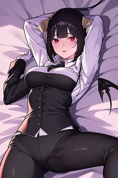 work of art, best qualityer, high resolution, 1girl horns short hair demon tail, white shirt black ascot black gloves black pants black vest lying on your back, sheet, arms up,blushed,face red,cos,ssmile
