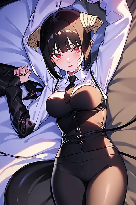 work of art, best qualityer, high resolution, 1girl horns short hair demon tail, white shirt black ascot black gloves black pants black vest lying on your back, sheet, arms up,blushed,face red,cos,ssmile
