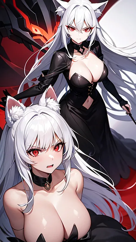 An adult woman, half fox and wolf, white hair, red eyes, wide breasts, very angry, standing, in a black dress