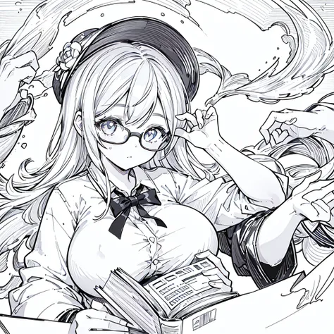 A girl,close up, wearing white shirt, reading a book, (best quality:1.3), (highres:1), (detailed:1.3), (incredible:1.3), (perfect:1.3), (perfection:1.3), (illustration:1.3), shes getting fun while reading it, dynamic on scene,Big Breasts、Glasses