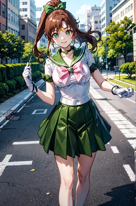 sailor_jupiter, brown ponytail, green eyes, pink bow, white gloves, choker, circlet, looking at viewer, smiling, medium shot, 
standing, outside, city, street, blue sky, extreme detail, hdr, beautiful quality, 