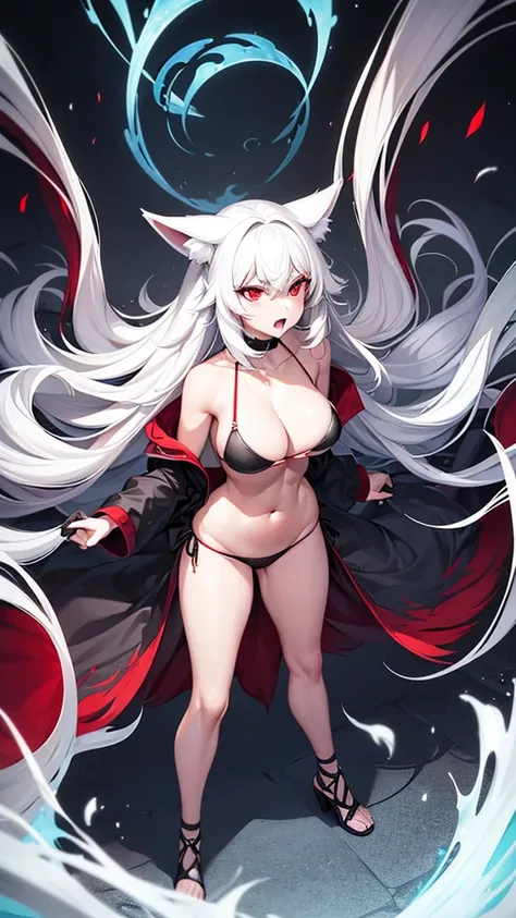 An adult woman, half fox and wolf, white hair, red eyes, wide breasts, very angry, standing, in a black bikini