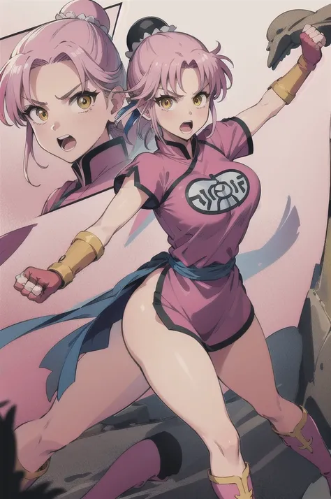 (masterpiece, best quality:1.1), (open mouth, clenched fist, action pose,:1.1), maam, dragon quest, 1girl, solo, big breasts, looking at viewer, short hair, pink hair, parted bang, (bun cover,:1.1) yellow eyes, fingerless gloves, pink gloves, chinese cloth...