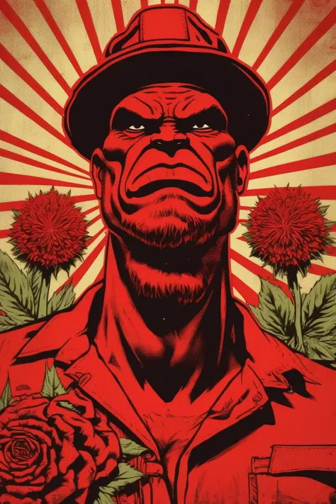 shepard fairey style - a single color image of a red hulk collective weed farmer