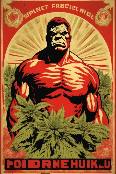 shepard fairey style - a single color image of a red hulk collective weed farmer