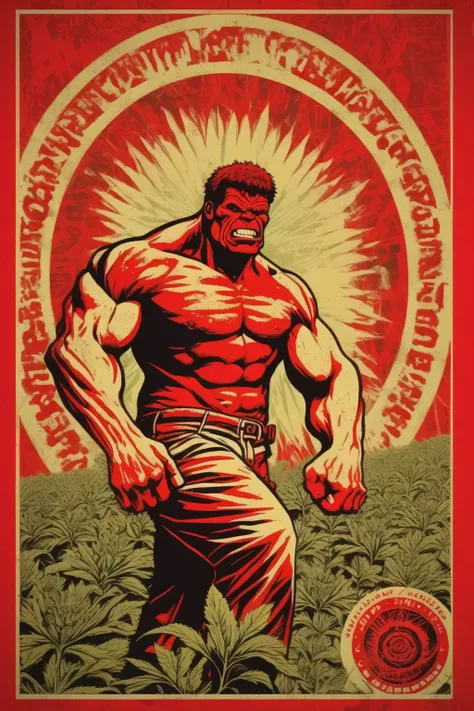 shepard fairey style - a single color image of a red hulk collective weed farmer