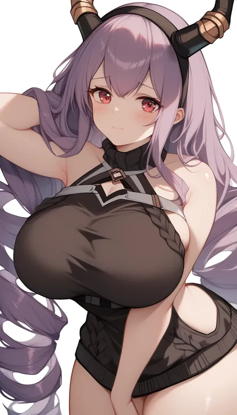 16K,typhon (arknights), 1girl, long hair, very long hair, purple hair, sidelocks, drill hair, twin drills, red eyes), black hairband, horns, virgin killer sweater,blush,(((big breast))),leaning forward,((breast focus)),Plump Armpits,Thick armpits,Drawn arm...