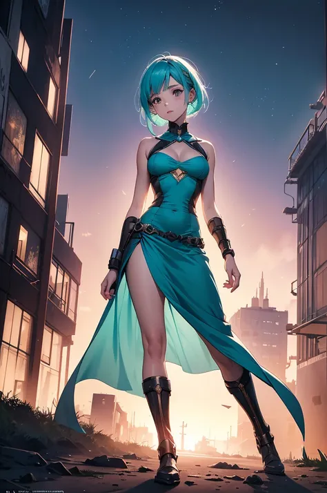 atmosfera the noite chuvoso sombria in anime 4D tinta óleo A post-apocalyptic Fallout-themed magazine cover illustration power fenix girl Bulma + Elza frozen fire black power immersed in the resplendence of the setting moon in surreal Ghibli-style watercol...