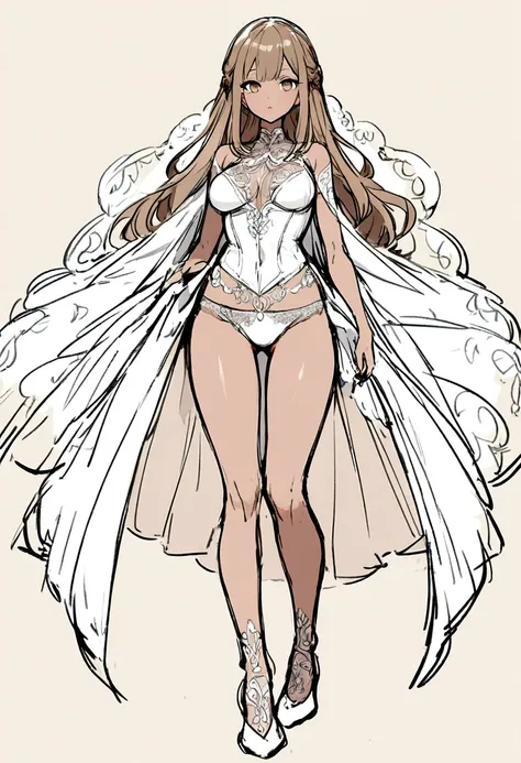 Sketch of woman in underwear looking full body front, light skin color brown hair and tender