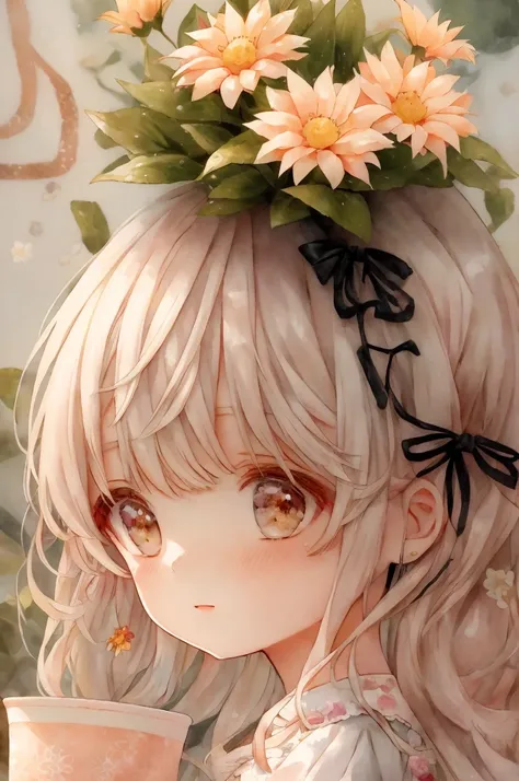 There is a picture of a girl and flowers in a pot.、cute詳細なデジタルアート、cuteアートワーク、cuteイラスト、cute詳細なアートワーク、cuteアートスタイル、Kuvisiato、cuteデジタルアート、Naohisa Inoue、Soft anime illustration、queen of flowers、🍁cute、Saku Miyazaki、Chibi Art、Naohisa Inoueに触発されました