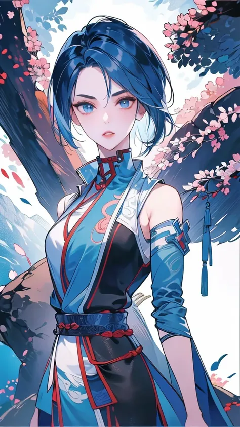 Masterpiece, Best quality, 1 Ji Ruxue, the expression is cold, strong, blue eyes, short hair, wolfcut hairstyle, smoky mix blue color hair, resolute eyes, red lips, simple Taoist Taoist uniform, Chinese mix morden, frontal photo, black or white background,...