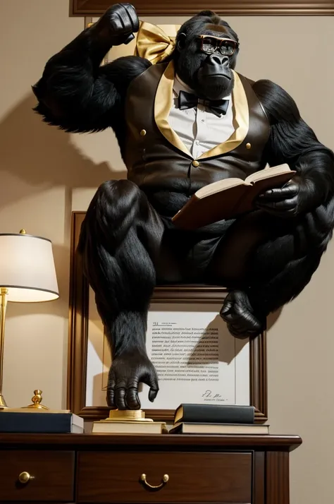 **A gorilla is sitting at a desk in his bedroom. He is wearing a suit with a gold bow tie and thick glasses. He is reading the Bible. Outside of his window you can see bullets whizzing by. On the wall of his room is a framed award saying "2024 Scholar Amer...